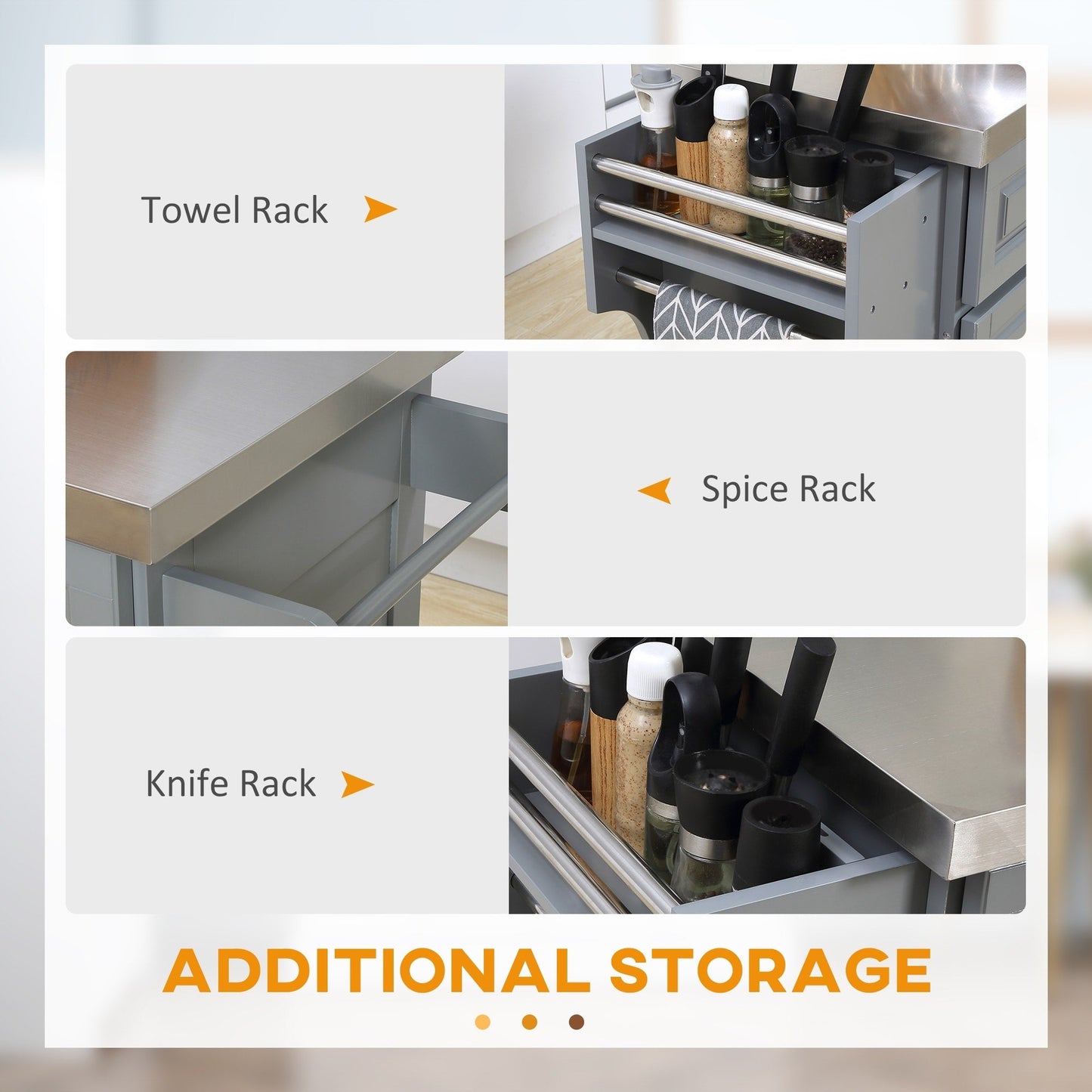 Îlot roulant de cuisine HOMCOM avec rangement, chariot de cuisine portable avec plateau en acier inoxydable, gris - N/A