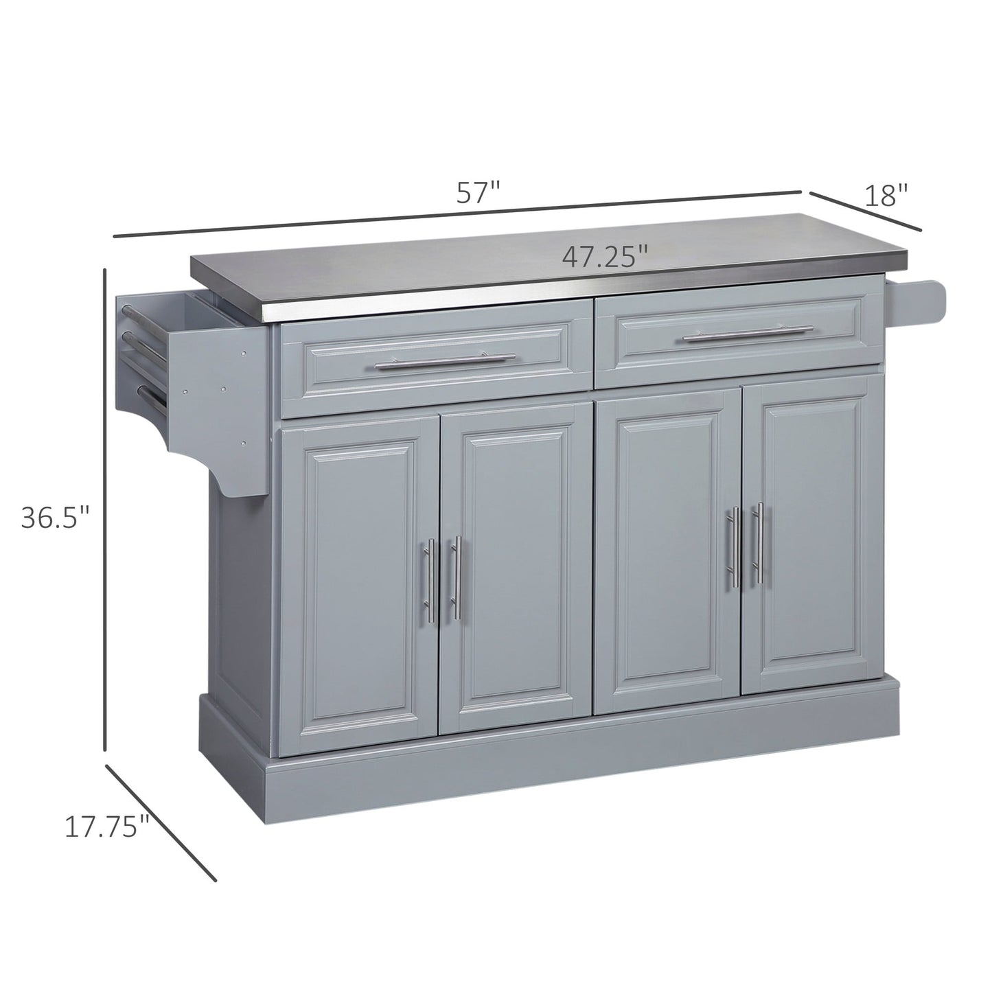 Îlot roulant de cuisine HOMCOM avec rangement, chariot de cuisine portable avec plateau en acier inoxydable, gris - N/A