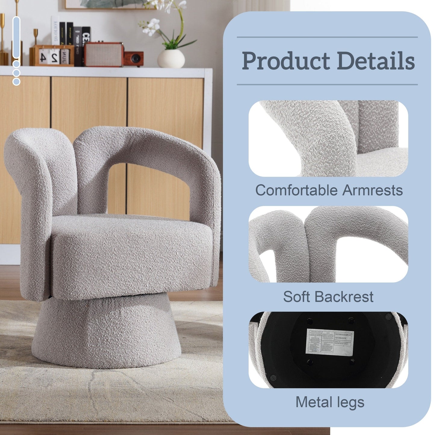 HOMEFUN Fauteuils d'appoint Boucle à dossier incurvé pivotant à 360 degrés, recouvert de tissu