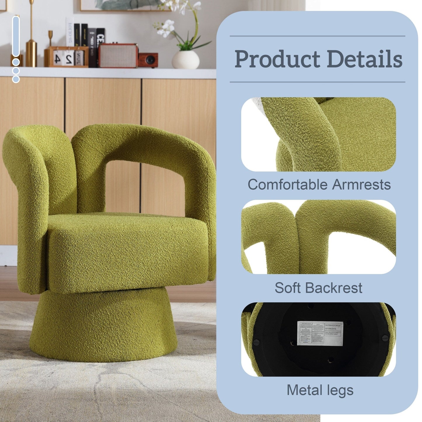 HOMEFUN Fauteuils d'appoint Boucle à dossier incurvé pivotant à 360 degrés, recouvert de tissu