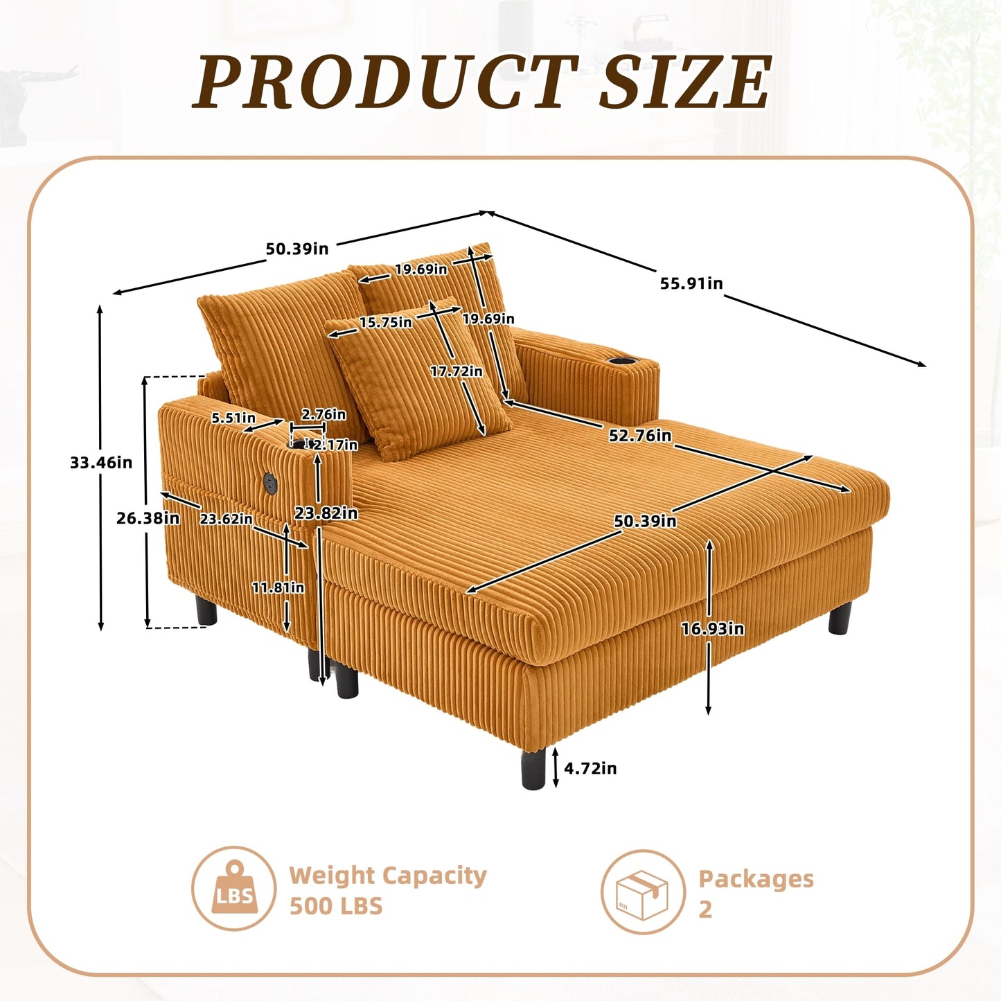 HOMEFUN Canapé-lit inclinable surdimensionné en velours côtelé avec éclairage LED RVB, porte-gobelets, USB et 3 coussins