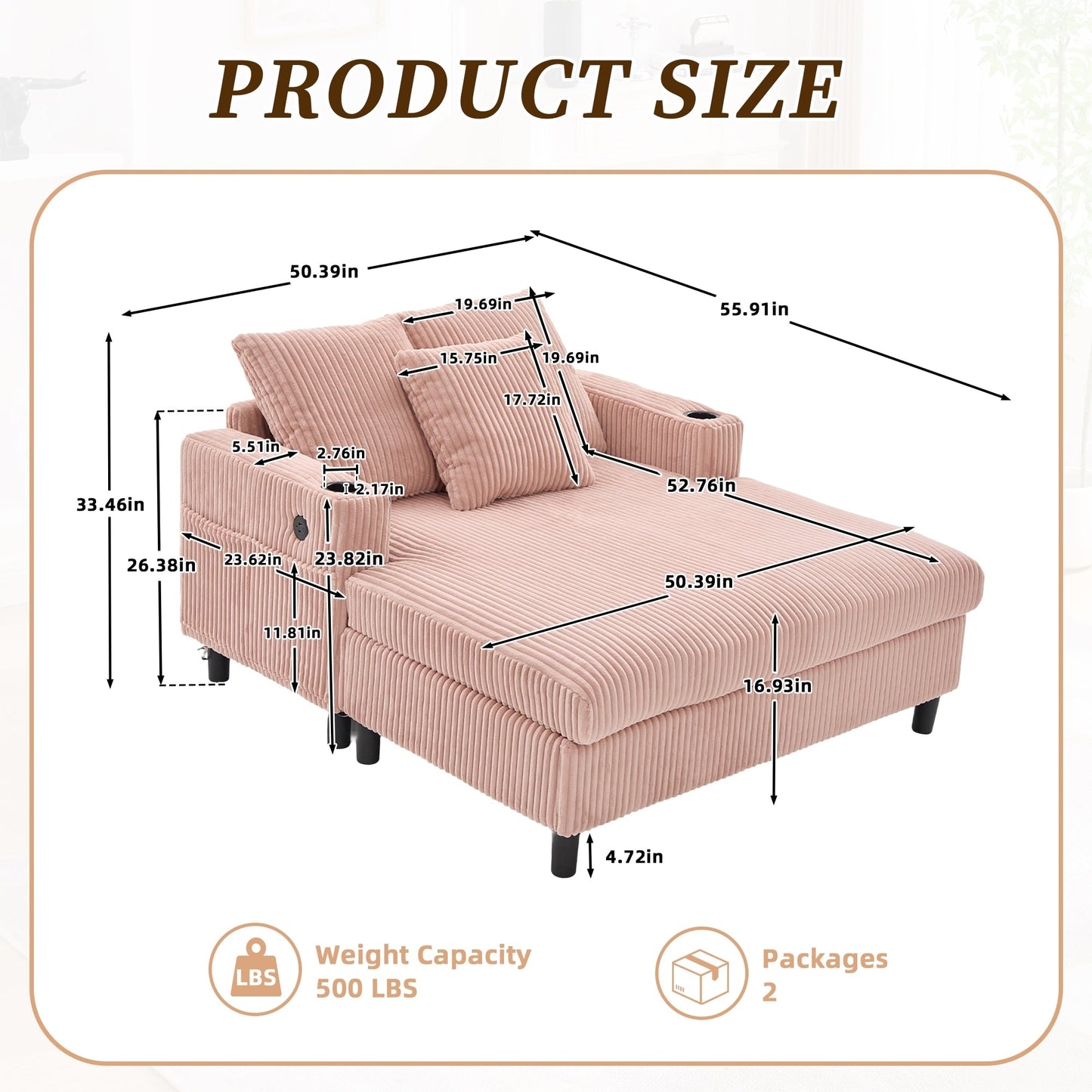 HOMEFUN Canapé-lit inclinable surdimensionné en velours côtelé avec éclairage LED RVB, porte-gobelets, USB et 3 coussins