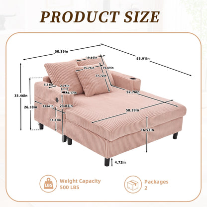 HOMEFUN Canapé-lit inclinable surdimensionné en velours côtelé avec éclairage LED RVB, porte-gobelets, USB et 3 coussins