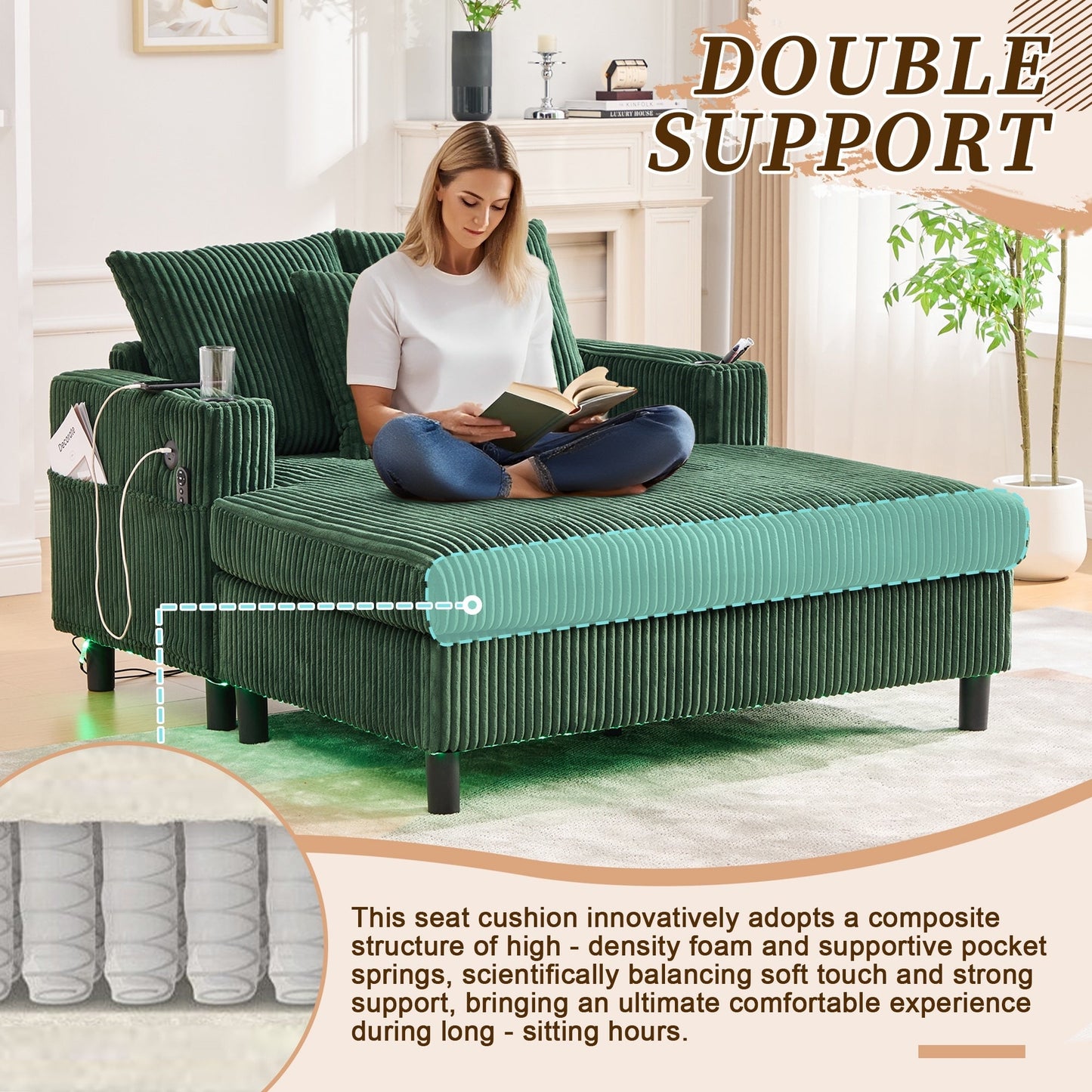 HOMEFUN Canapé-lit inclinable surdimensionné en velours côtelé avec éclairage LED RVB, porte-gobelets, USB et 3 coussins