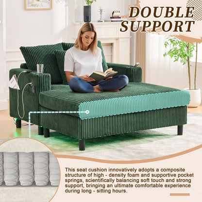 HOMEFUN Canapé-lit inclinable surdimensionné en velours côtelé avec éclairage LED RVB, porte-gobelets, USB et 3 coussins