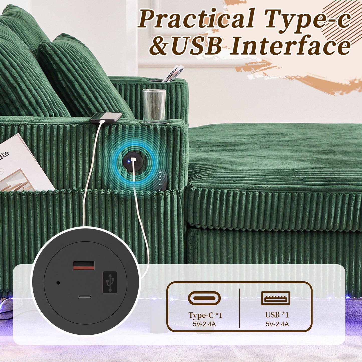 HOMEFUN Canapé-lit inclinable surdimensionné en velours côtelé avec éclairage LED RVB, porte-gobelets, USB et 3 coussins