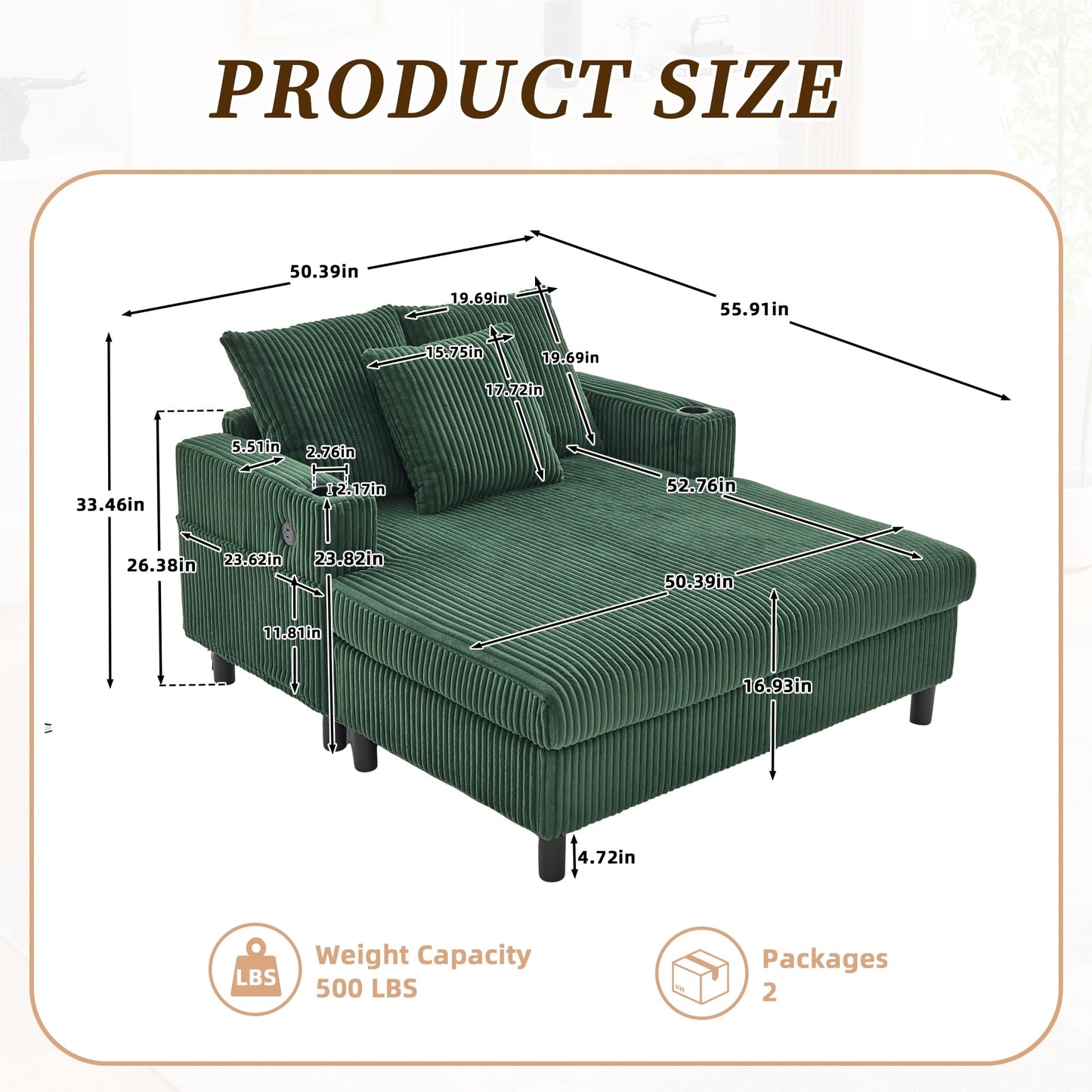 HOMEFUN Canapé-lit inclinable surdimensionné en velours côtelé avec éclairage LED RVB, porte-gobelets, USB et 3 coussins