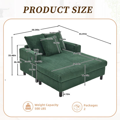 HOMEFUN Canapé-lit inclinable surdimensionné en velours côtelé avec éclairage LED RVB, porte-gobelets, USB et 3 coussins