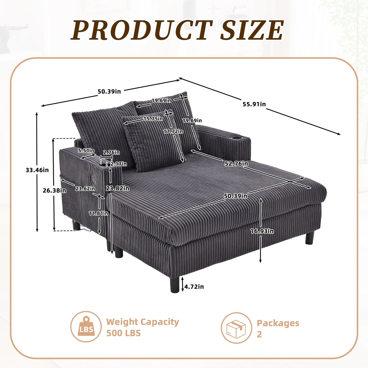 HOMEFUN Canapé-lit inclinable surdimensionné en velours côtelé avec éclairage LED RVB, porte-gobelets, USB et 3 coussins