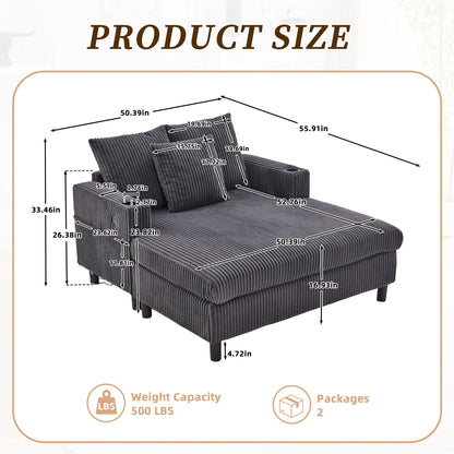 HOMEFUN Canapé-lit inclinable surdimensionné en velours côtelé avec éclairage LED RVB, porte-gobelets, USB et 3 coussins