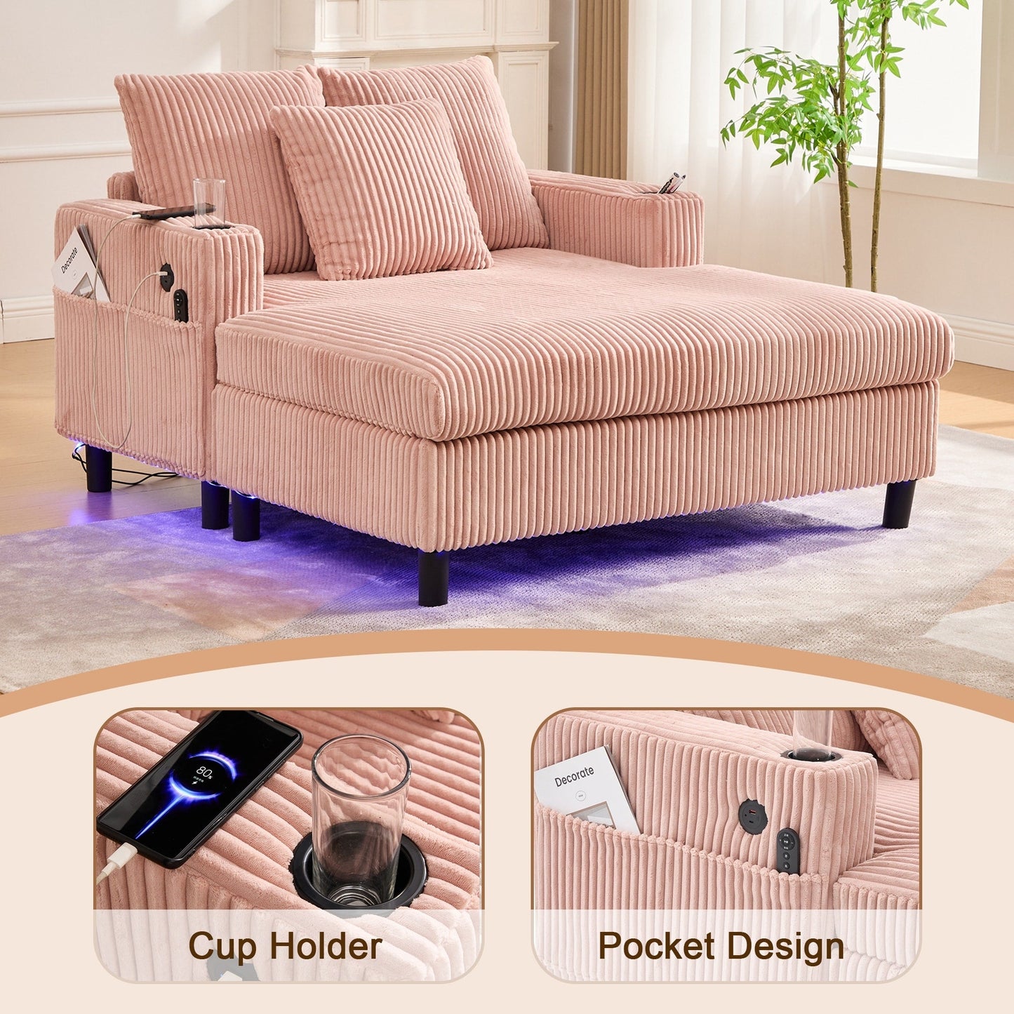 HOMEFUN Canapé-lit inclinable surdimensionné en velours côtelé avec éclairage LED RVB, porte-gobelets, USB et 3 coussins