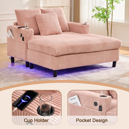 HOMEFUN Canapé-lit inclinable surdimensionné en velours côtelé avec éclairage LED RVB, porte-gobelets, USB et 3 coussins