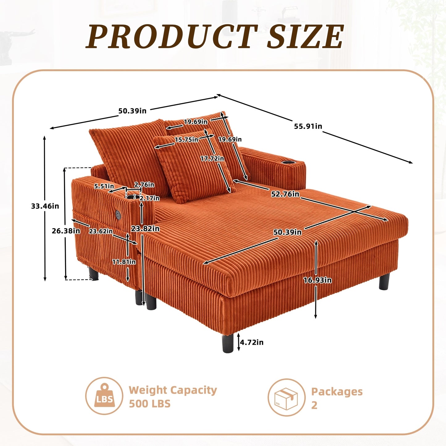 HOMEFUN Canapé-lit inclinable surdimensionné en velours côtelé avec éclairage LED RVB, porte-gobelets, USB et 3 coussins