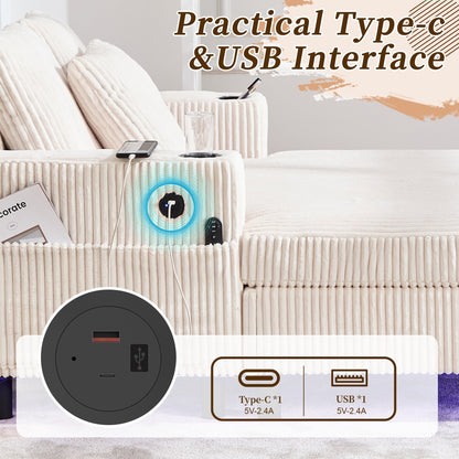 HOMEFUN Canapé-lit inclinable surdimensionné en velours côtelé avec éclairage LED RVB, porte-gobelets, USB et 3 coussins