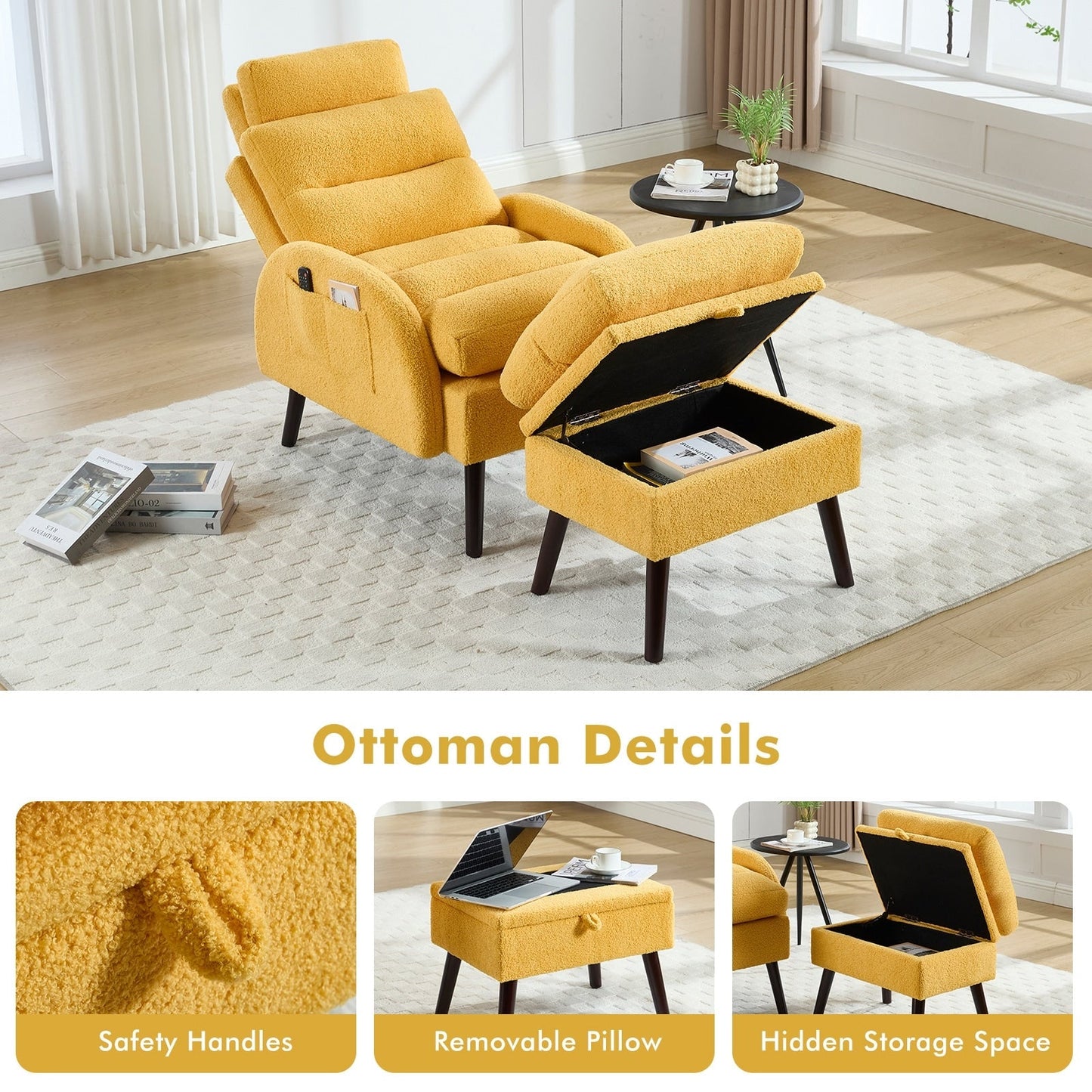 HOMYKA Fauteuil d'appoint avec dossier réglable et rangement intégré dans le repose-pieds