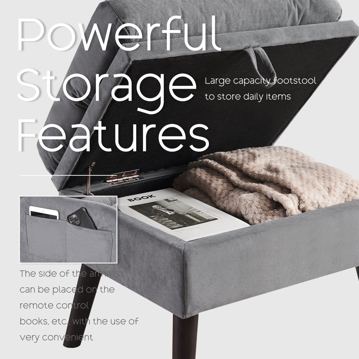 HOMYKA Fauteuil d'appoint avec dossier réglable et rangement intégré dans le repose-pieds