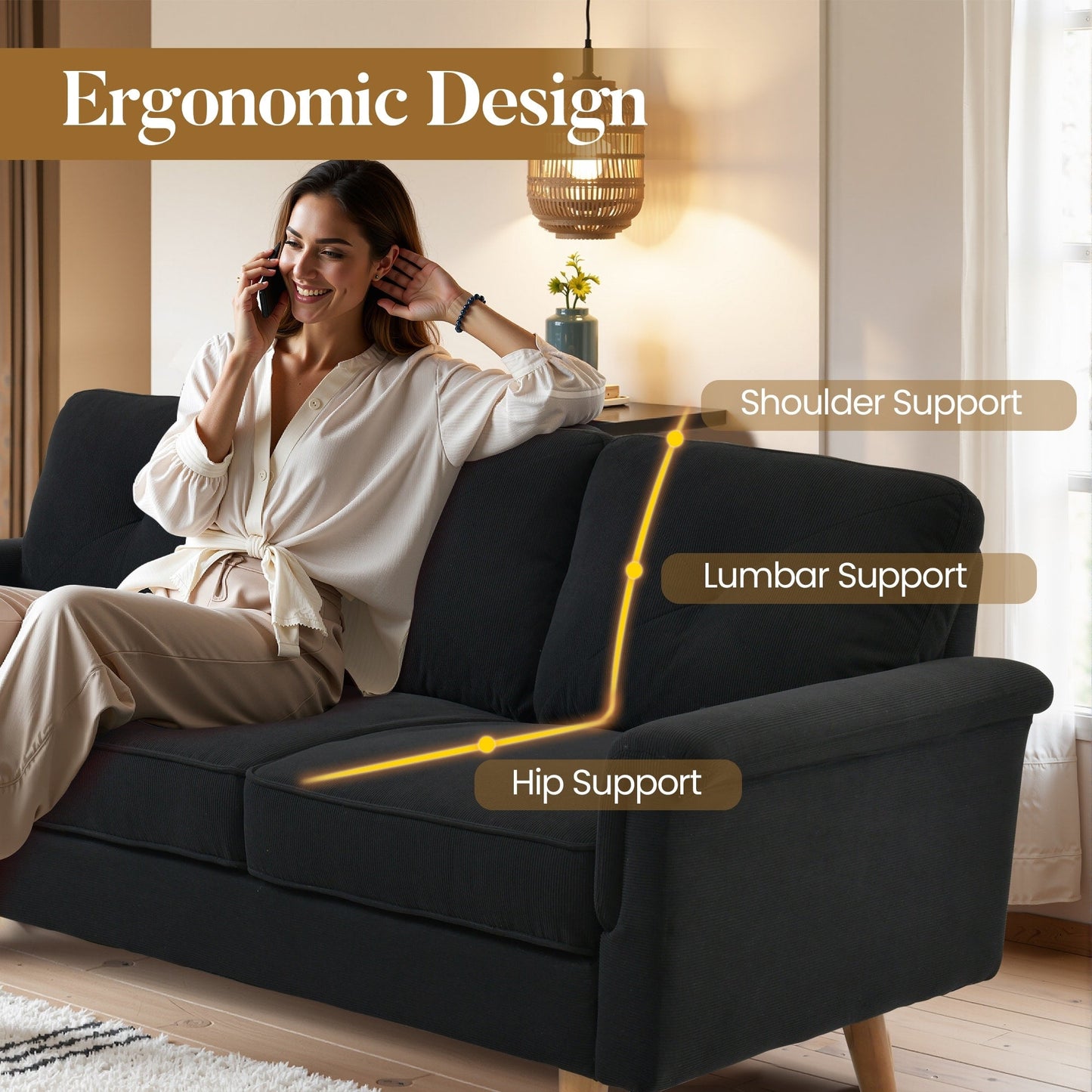 Canapé 3 places HOOOWOOO Mid-Century, recouvert de tissu, avec pieds en bois pour salon