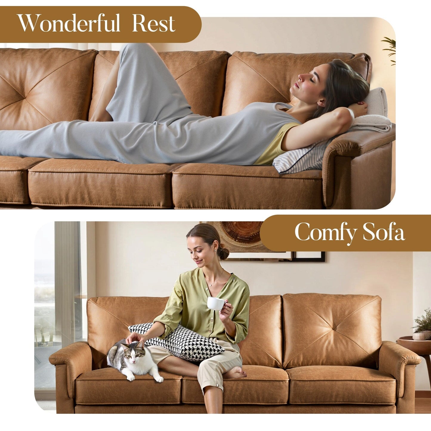 Canapé 3 places HOOOWOOO Mid-Century, recouvert de tissu, avec pieds en bois pour salon