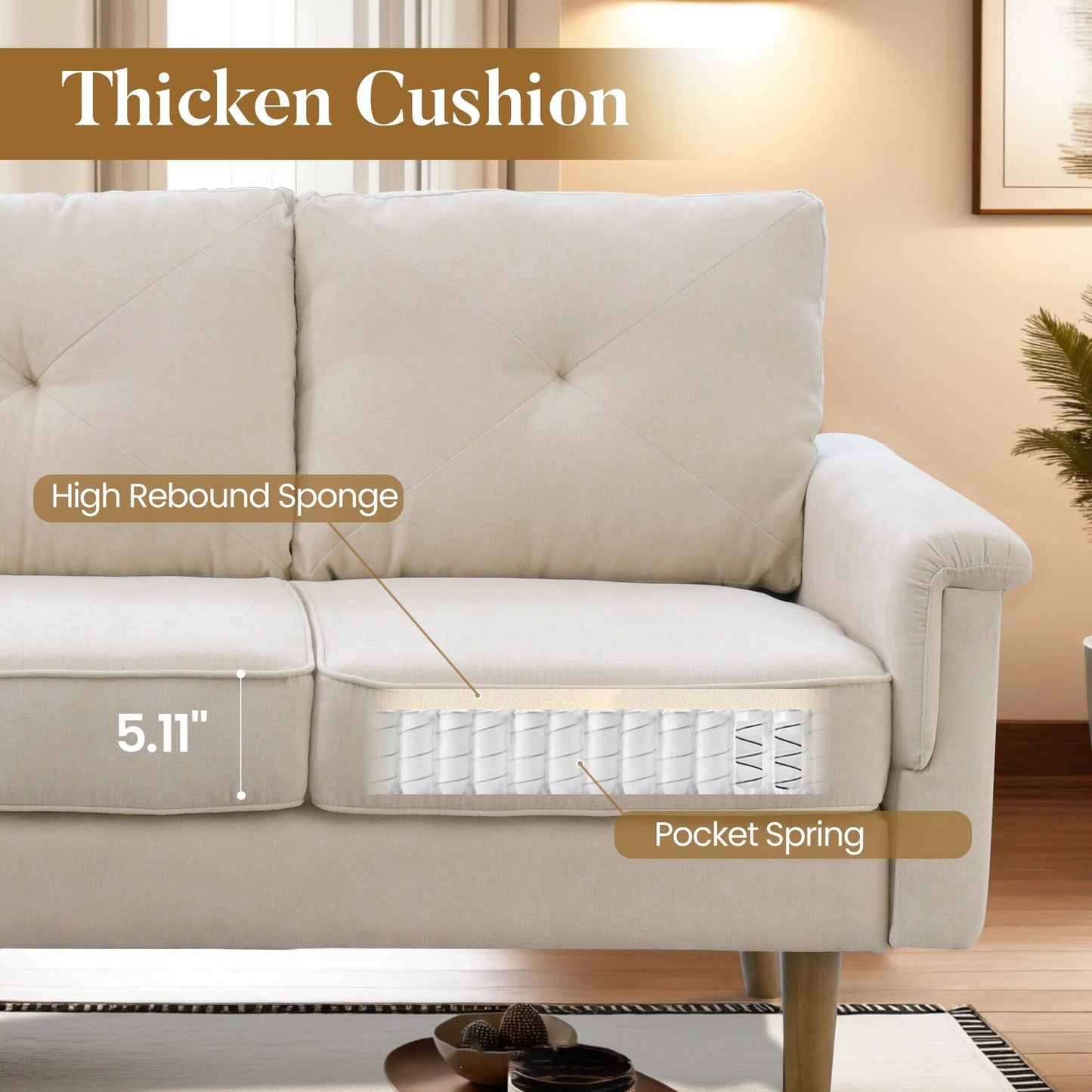 Canapé 3 places HOOOWOOO Mid-Century, recouvert de tissu, avec pieds en bois pour salon