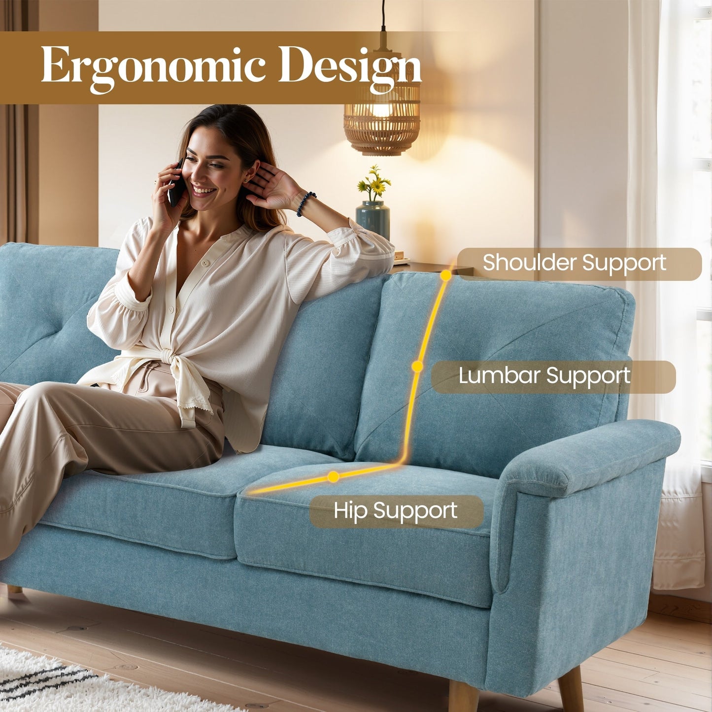 Canapé 3 places HOOOWOOO Mid-Century, recouvert de tissu, avec pieds en bois pour salon