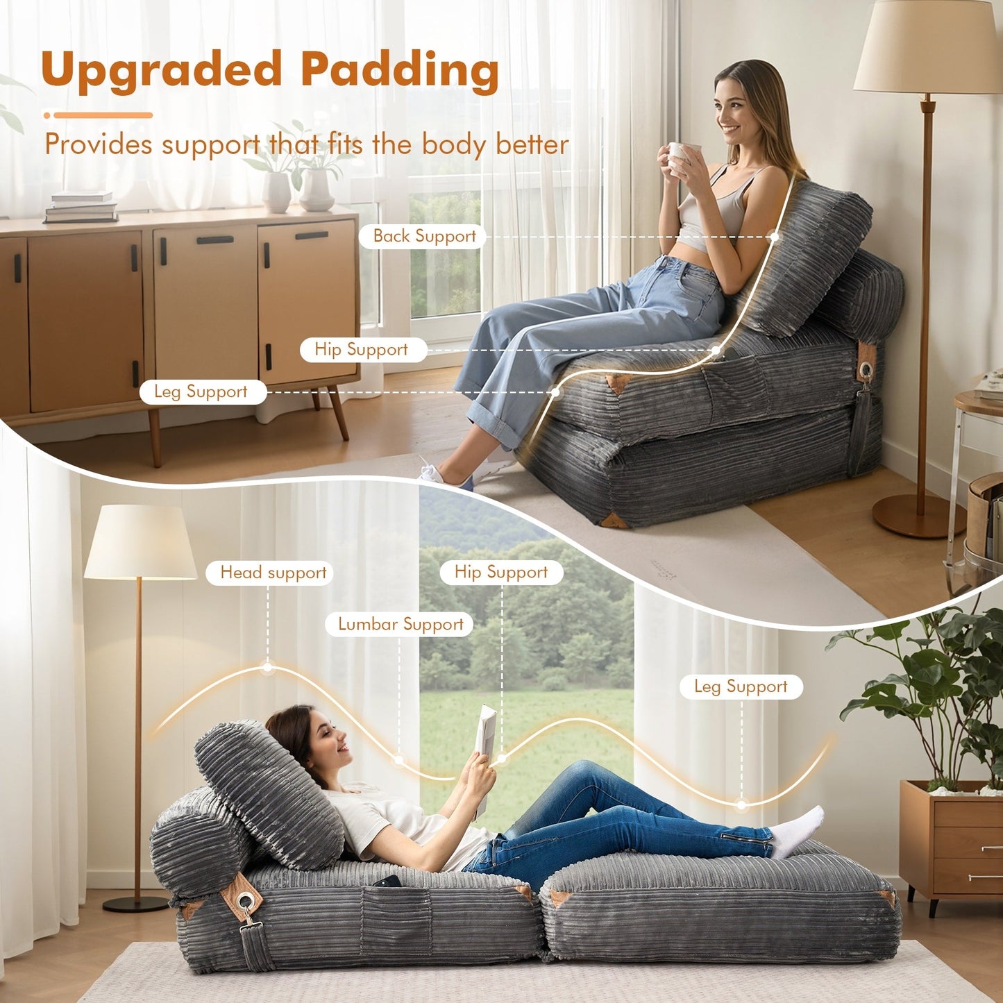 Canapé-lit pliable HOOOWOOO en tissu velours côtelé moderne