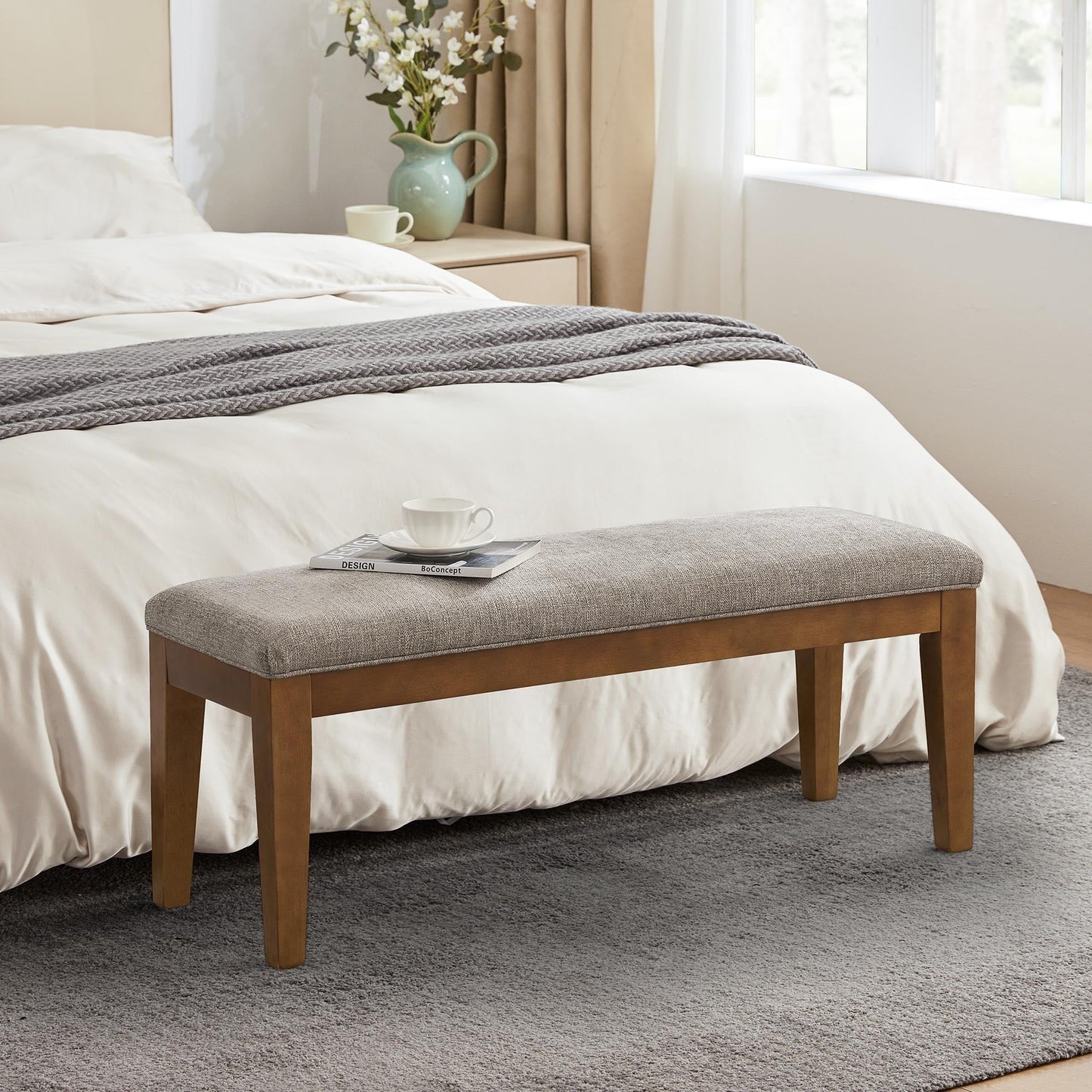 Banc d'entrée recouvert de tissu, banc de chambre à coucher pour le pied du lit, beige, en bois massif, 44 pouces