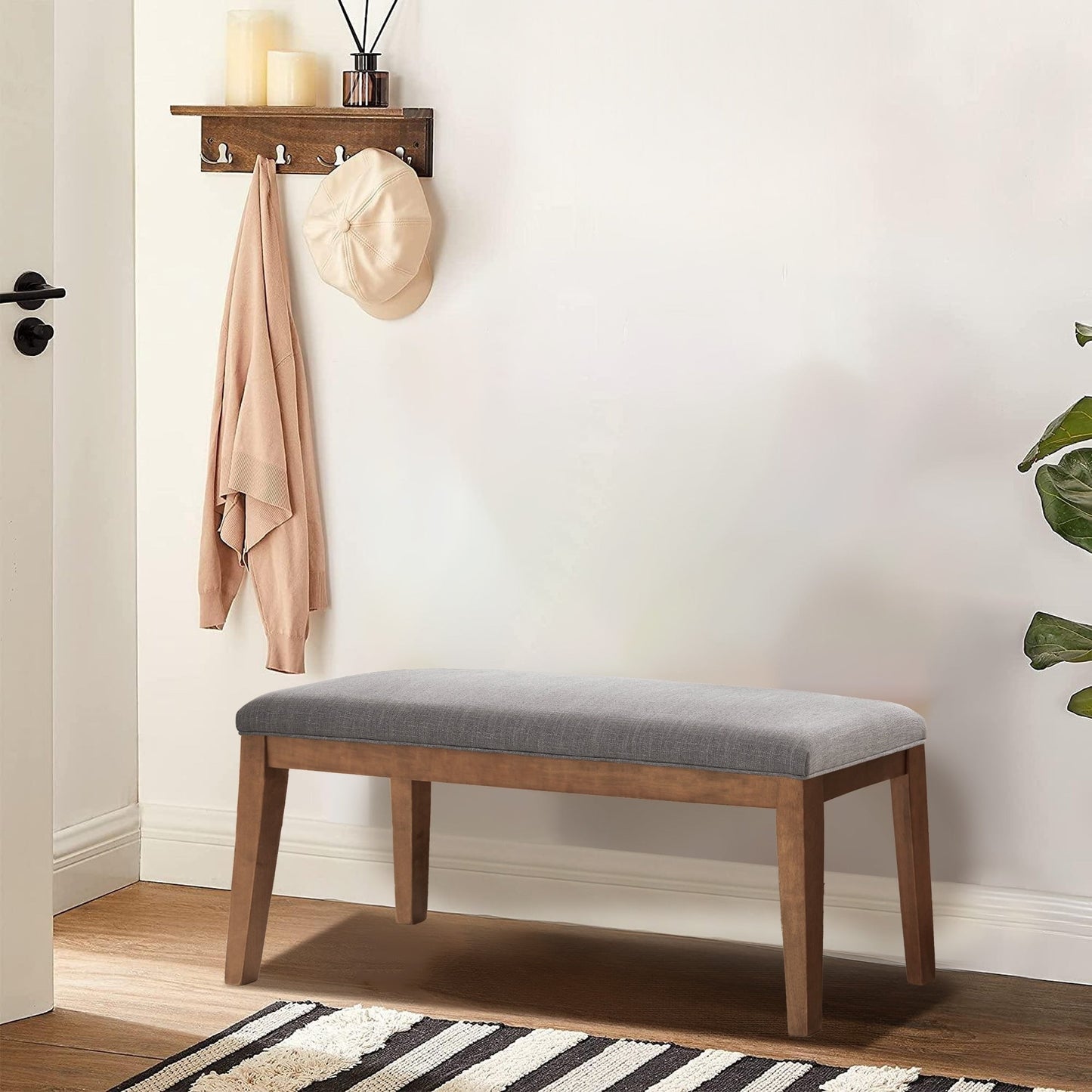 Banc d'entrée recouvert de tissu, banc de chambre à coucher pour le pied du lit, beige, en bois massif, 44 pouces