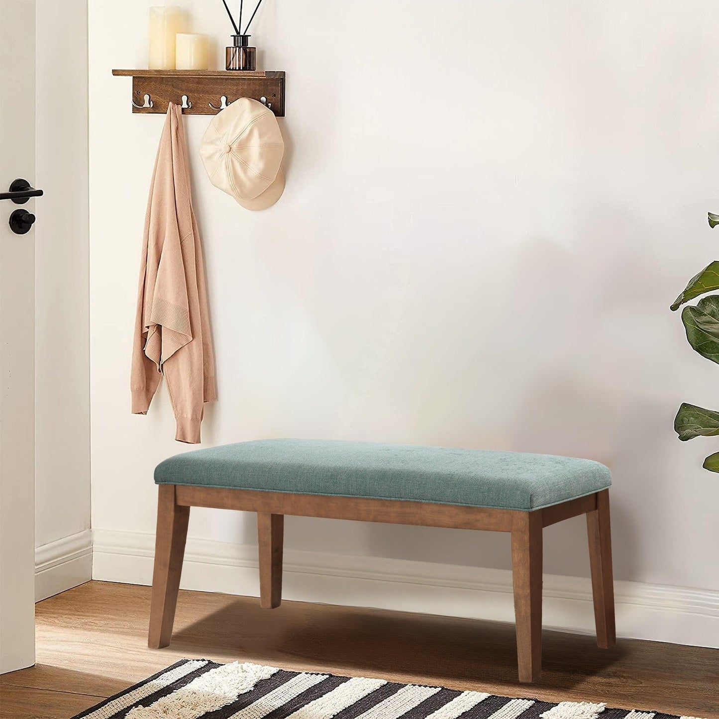 Banc d'entrée recouvert de tissu, banc de chambre à coucher pour le pied du lit, beige, en bois massif, 44 pouces