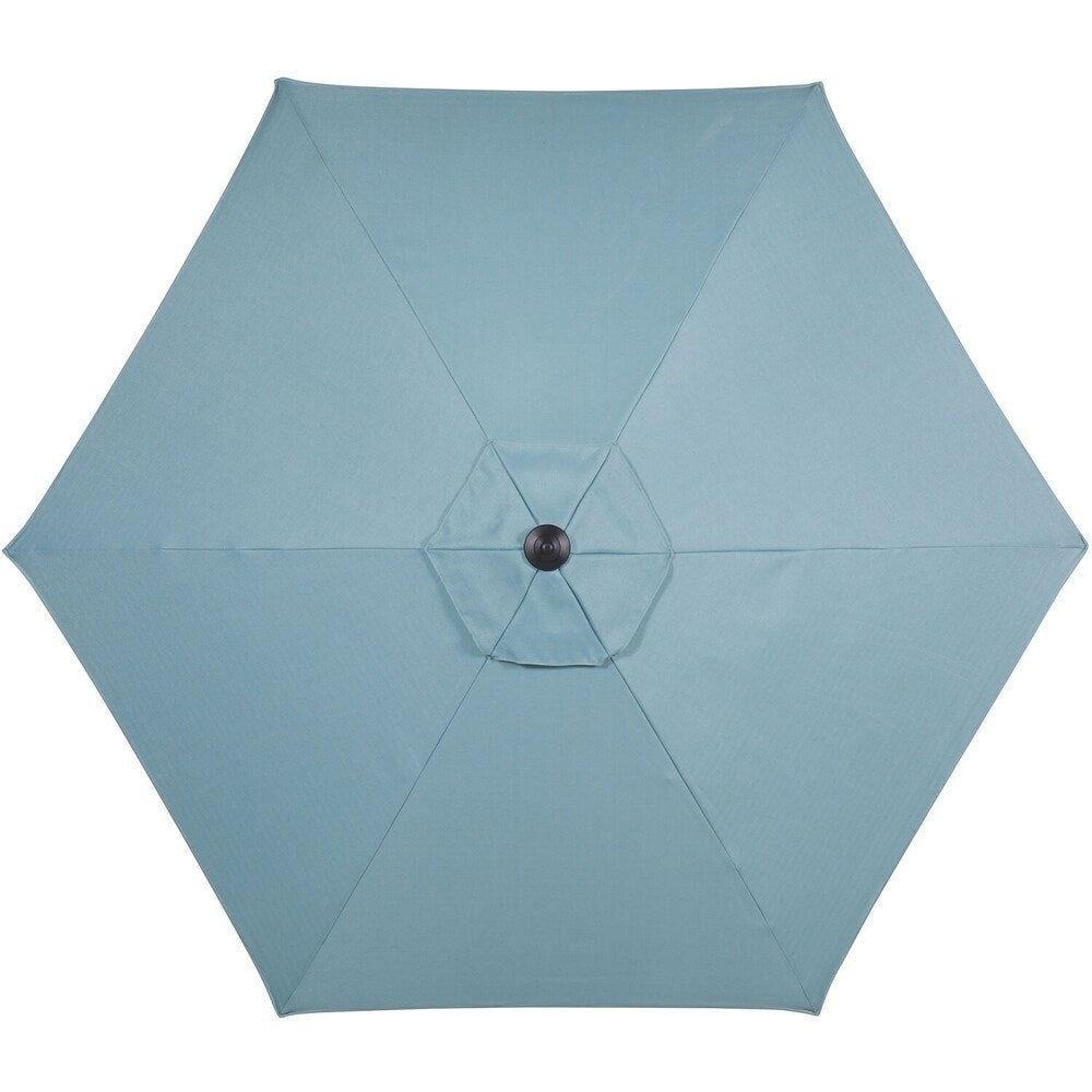 Ensemble de salle à manger Hanover Lavallette 5 pièces en bleu océan avec 4 chaises fixes, table ronde en verre de 52 pouces, parasol et socle.