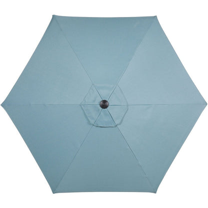 Ensemble de salle à manger Hanover Lavallette 5 pièces en bleu océan avec 4 chaises fixes, table ronde en verre de 52 pouces, parasol et socle.