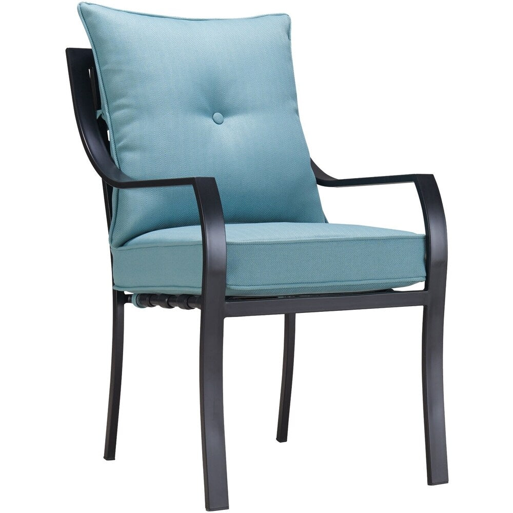 Ensemble de salle à manger Hanover Lavallette 5 pièces en bleu océan avec 4 chaises fixes, table ronde en verre de 52 pouces, parasol et socle.