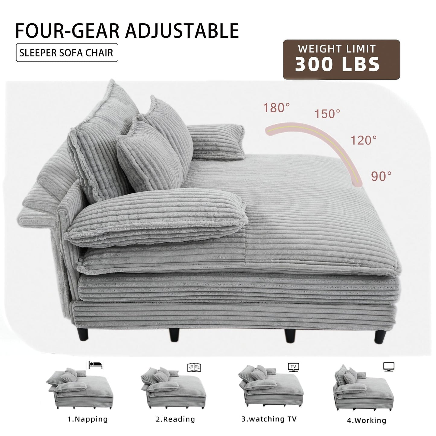 Canapé-lit en velours côtelé surdimensionné Harmonia 109 W, chaise longue double avec assise profonde et 4 coussins