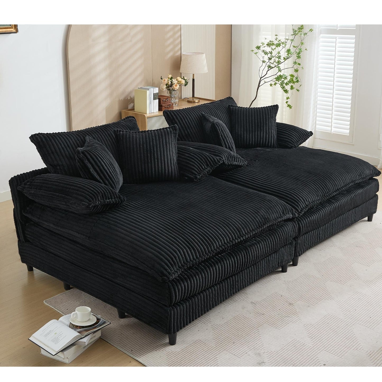 Canapé-lit en velours côtelé surdimensionné Harmonia 109 W, chaise longue double avec assise profonde et 4 coussins