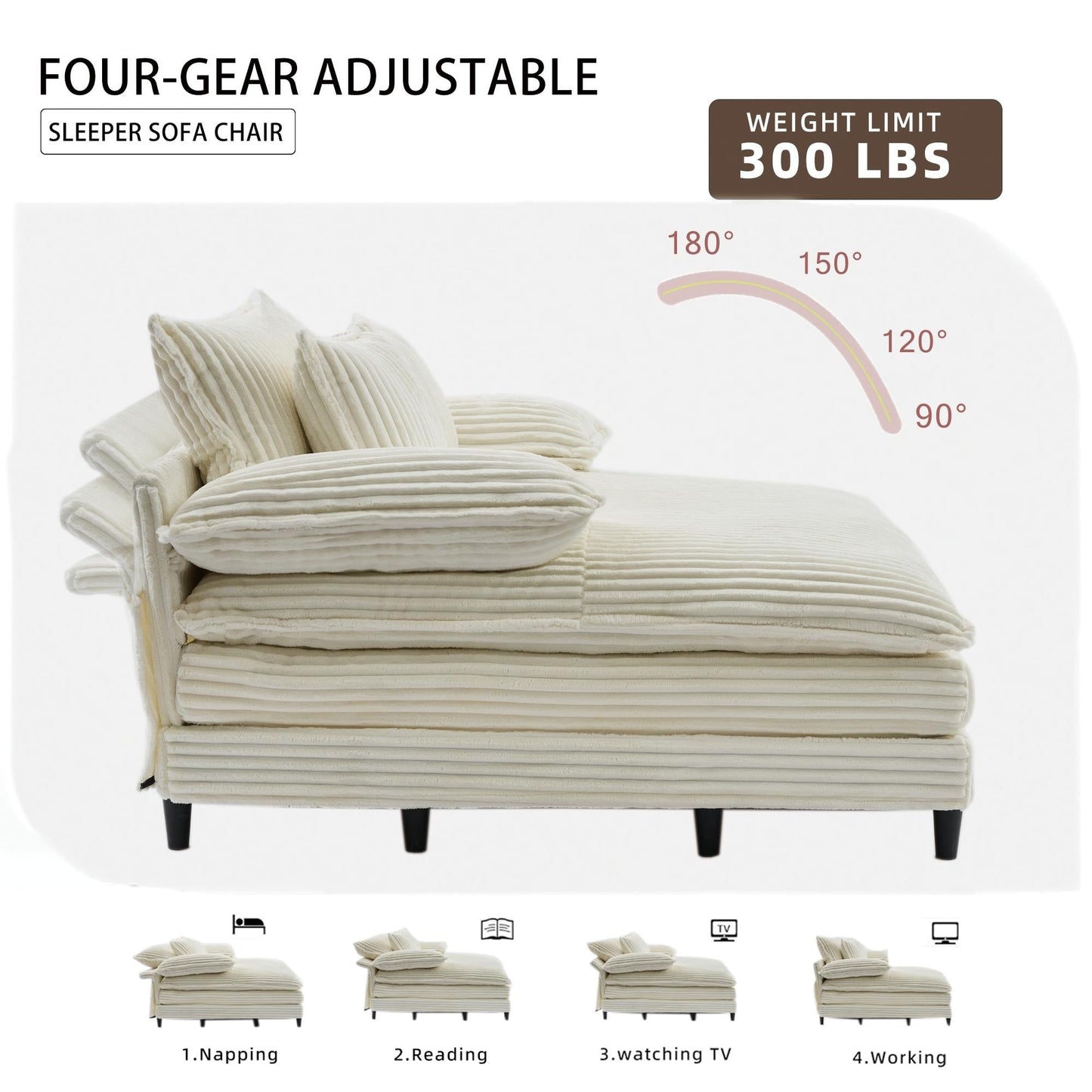 Canapé-lit en velours côtelé surdimensionné Harmonia 109 W, chaise longue double avec assise profonde et 4 coussins