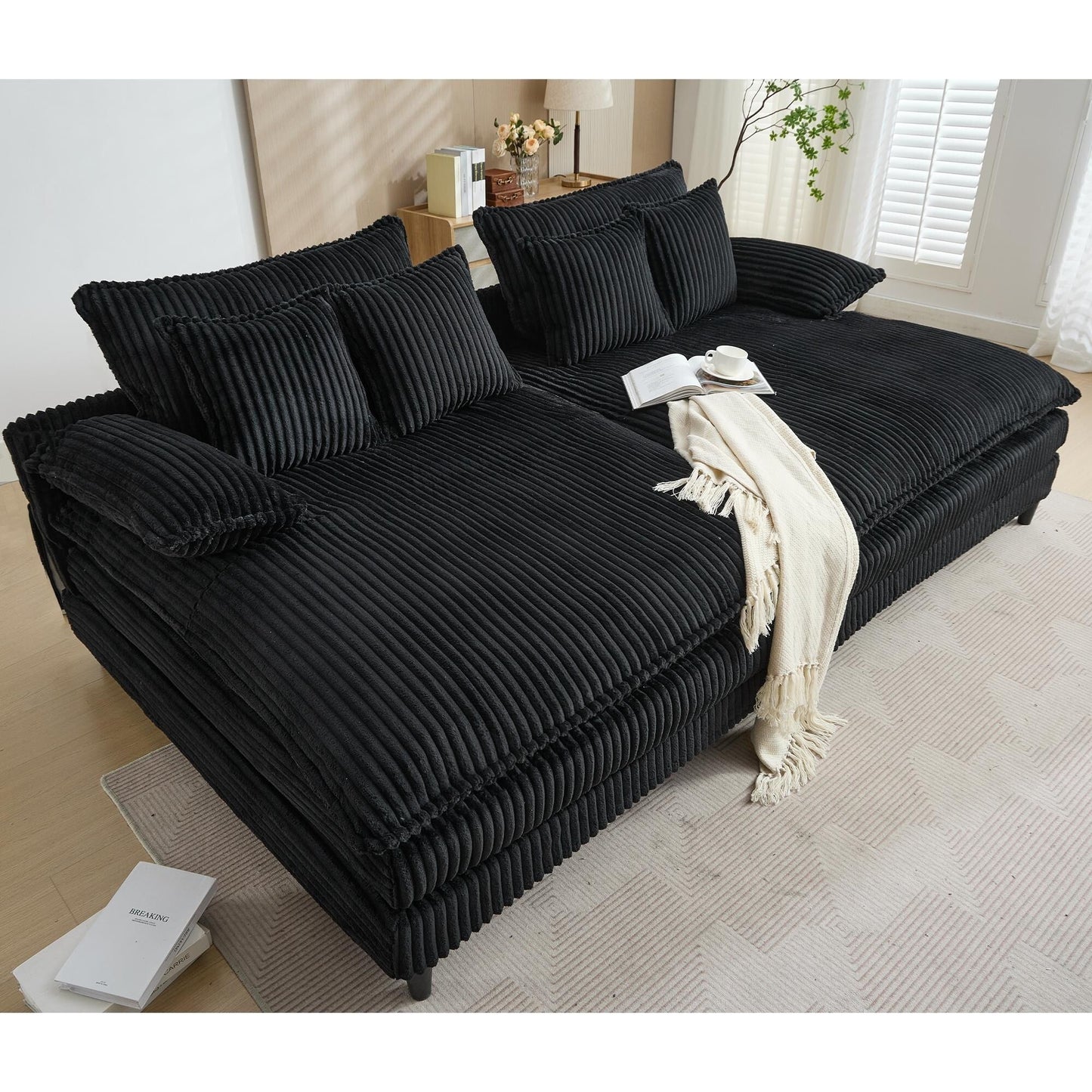 Canapé-lit en velours côtelé surdimensionné Harmonia 109 W, chaise longue double avec assise profonde et 4 coussins