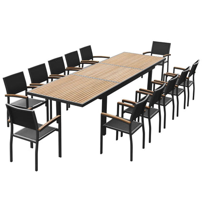 Heck Ensemble de repas d'extérieur 13 pièces en teck FSC et aluminium pour 12 personnes, table extensible et chaises empilables, noir anthracite.