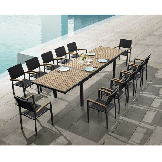 Heck Ensemble de repas d'extérieur 13 pièces en teck FSC et aluminium pour 12 personnes, table extensible et chaises empilables, noir anthracite.