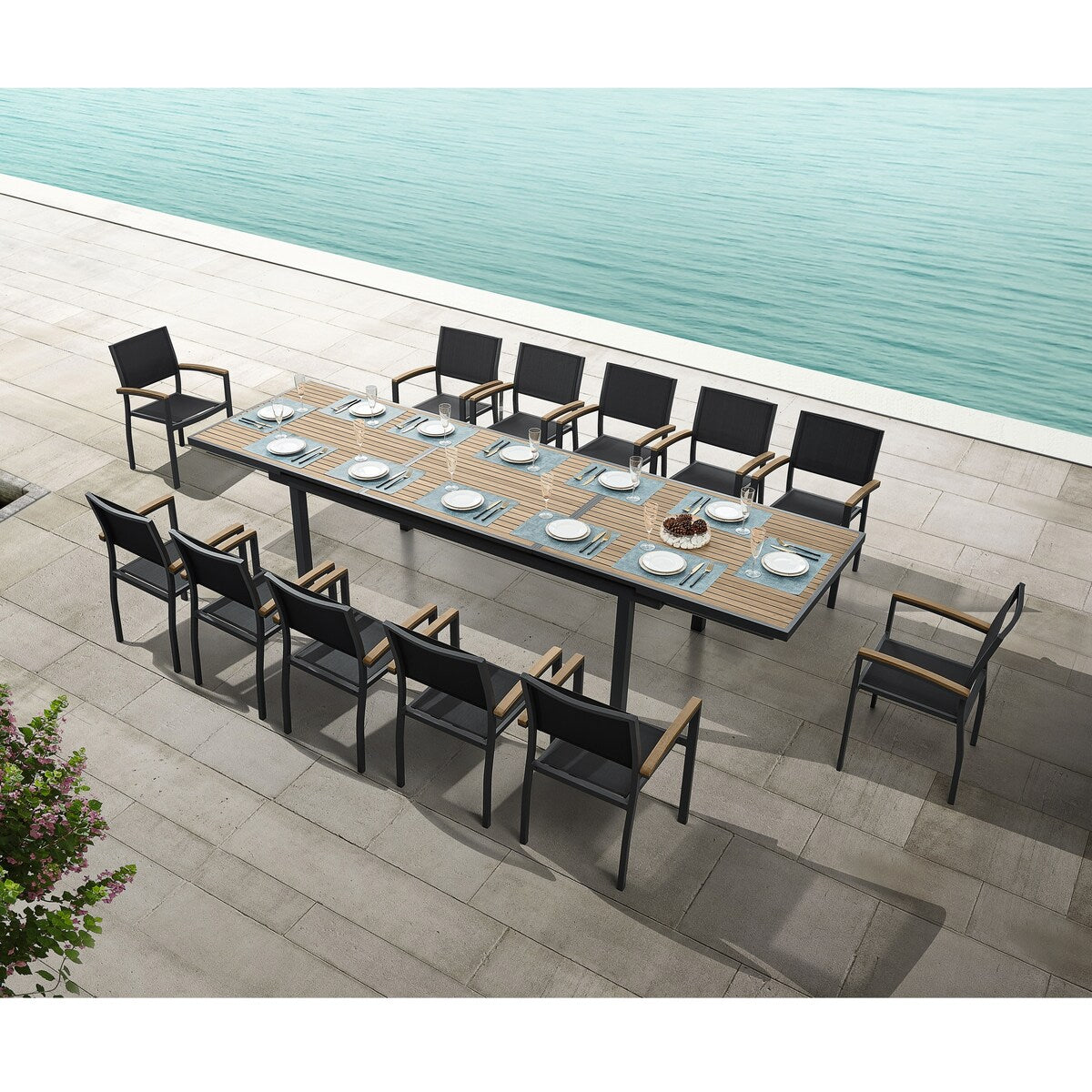 Heck Ensemble de repas d'extérieur 13 pièces en teck FSC et aluminium pour 12 personnes, table extensible et chaises empilables, noir anthracite.