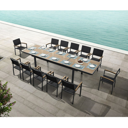 Heck Ensemble de repas d'extérieur 13 pièces en teck FSC et aluminium pour 12 personnes, table extensible et chaises empilables, noir anthracite.