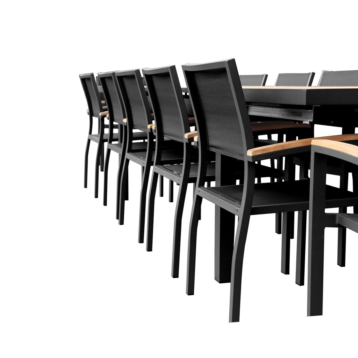 Heck Ensemble de repas d'extérieur 13 pièces en teck FSC et aluminium pour 12 personnes, table extensible et chaises empilables, noir anthracite.