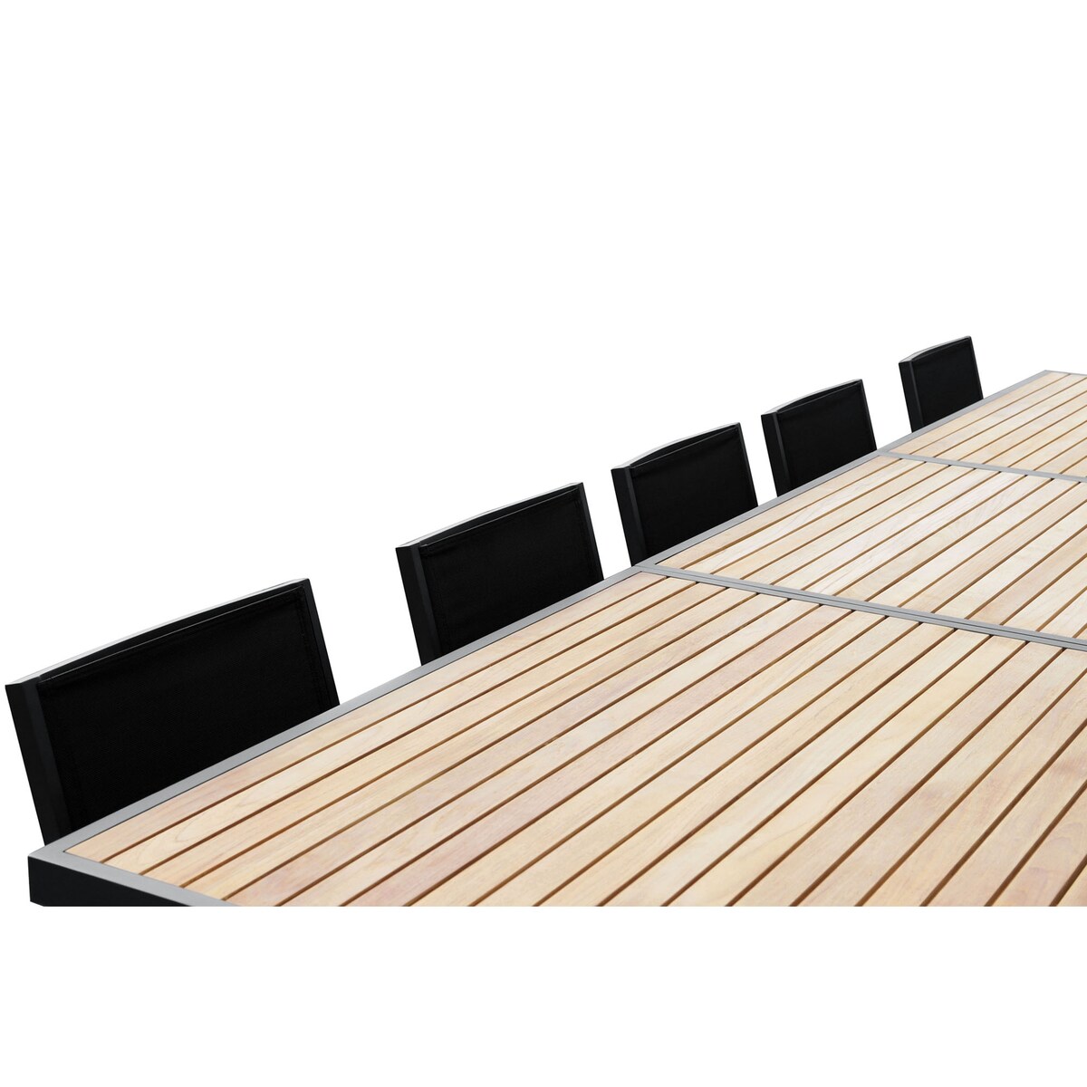 Heck Ensemble de repas d'extérieur 13 pièces en teck FSC et aluminium pour 12 personnes, table extensible et chaises empilables, noir anthracite.