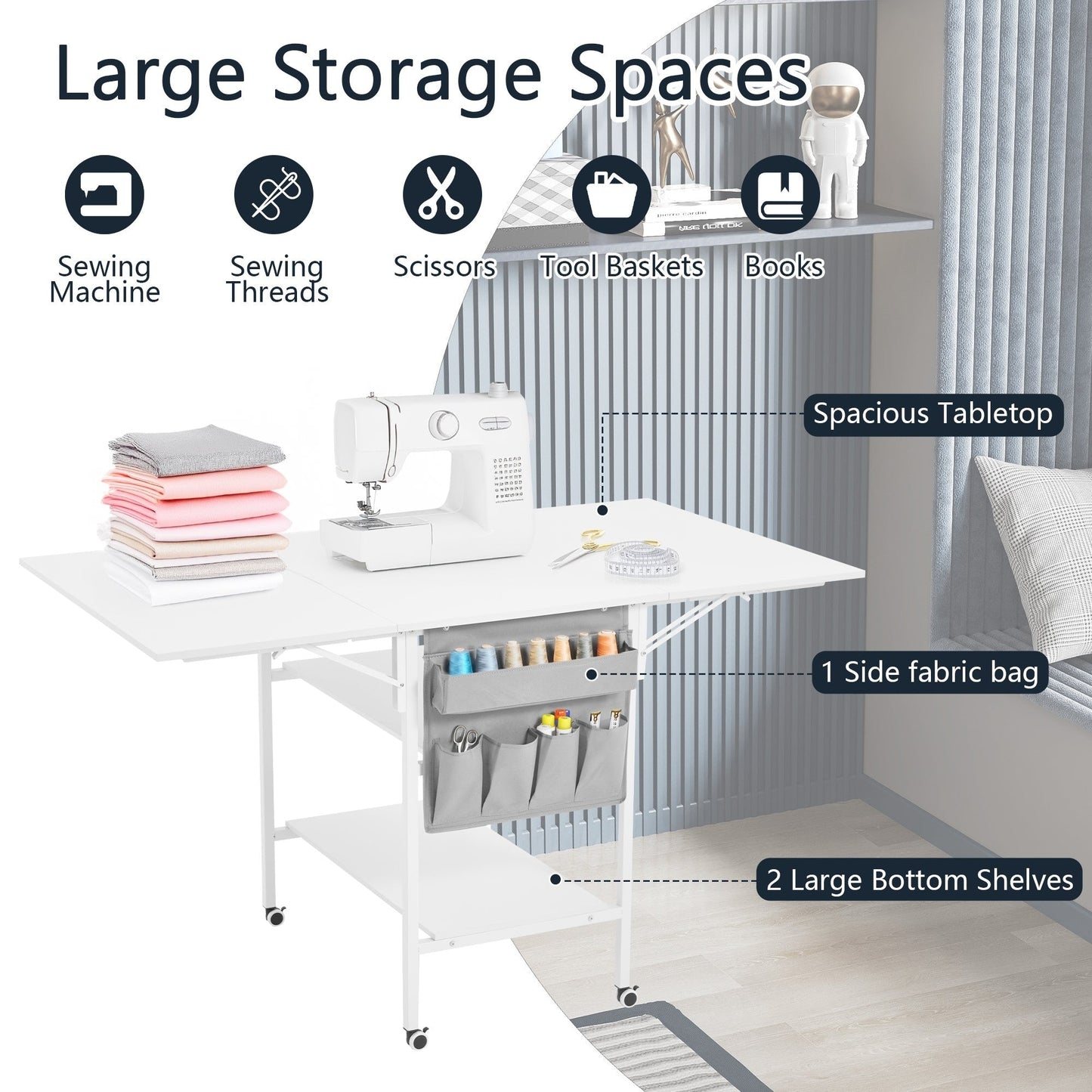 Height Adjustable Craft Table with Storage Shelves, Mobile Folding Cutting Table for Home Office Sewing Room Craft Room