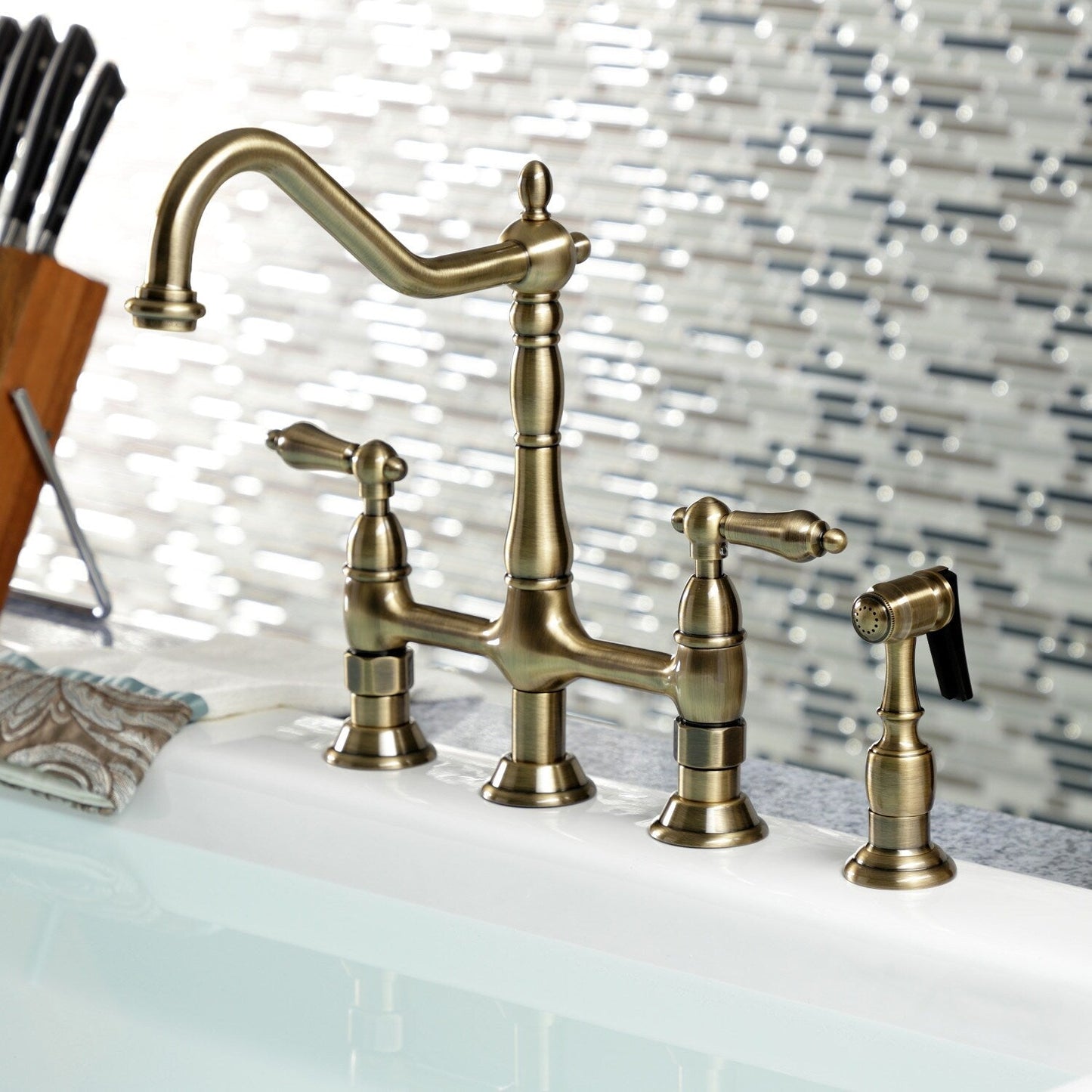 Heritage Bridge Kitchen Faucet with Brass Sprayer