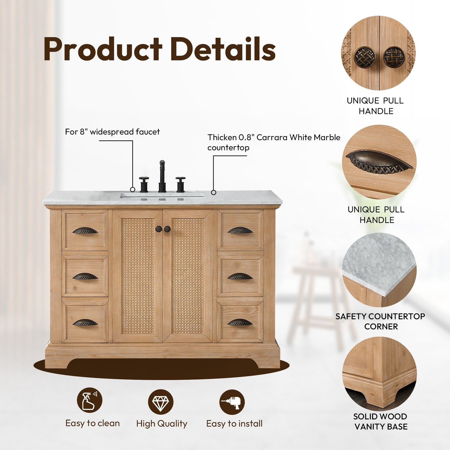 Hervas Bath Vanity with Natural Marble Top without Mirror