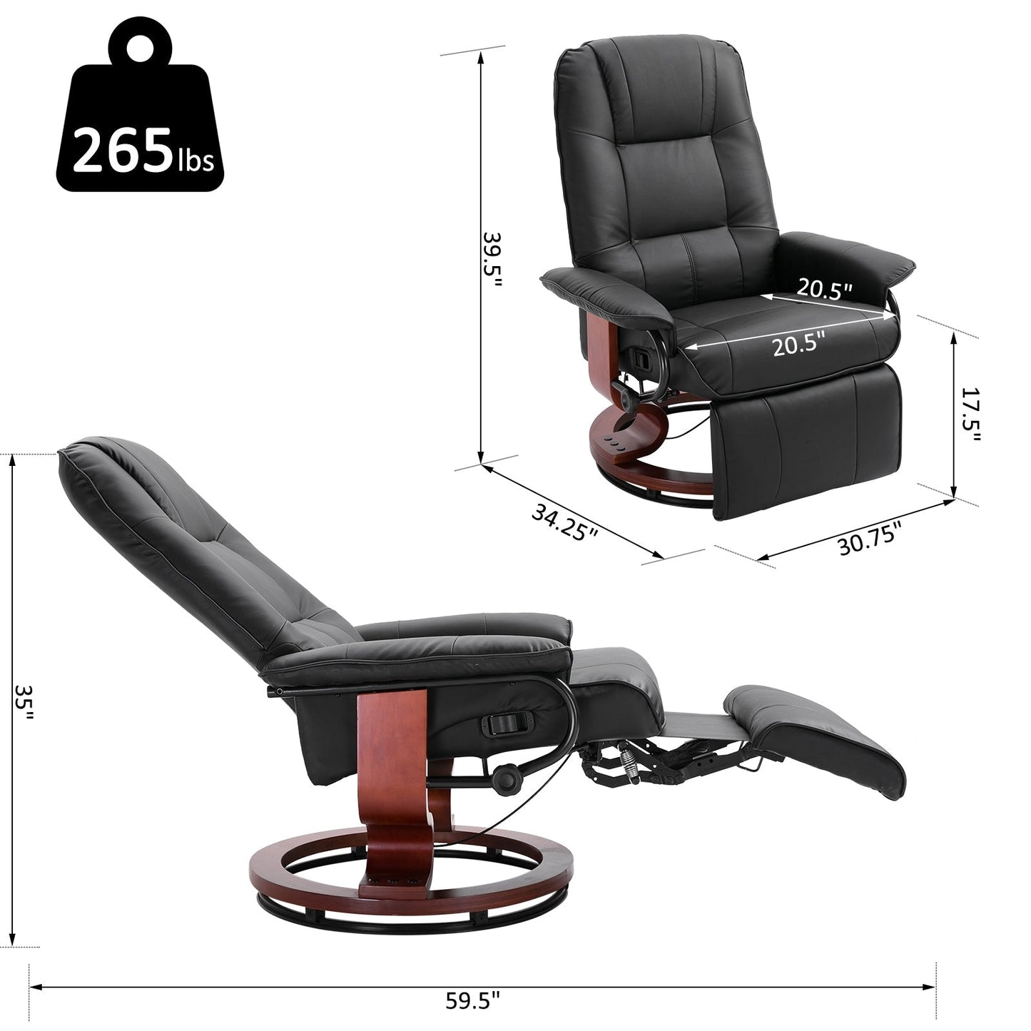 Fauteuil inclinable pivotant à base manuelle réglable en simili cuir avec repose-pieds confortable et relaxant de HomCom