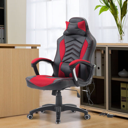 Chaise de jeu informatique avec massage vibratoire à 6 points, 5 modes, style de course, chaise de bureau chauffante pivotante sur roulettes avec repose-tête.