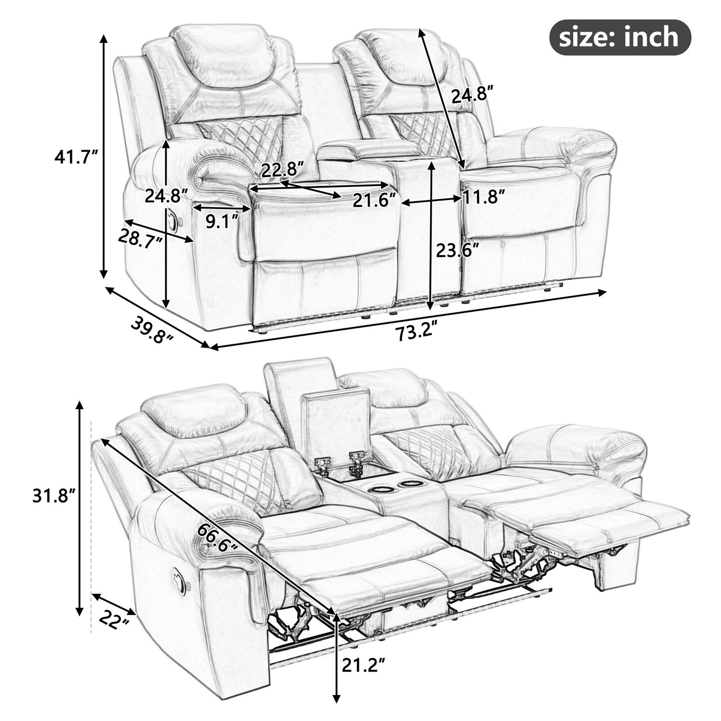 Fauteuil inclinable manuel pour home cinéma avec rangement intégré
