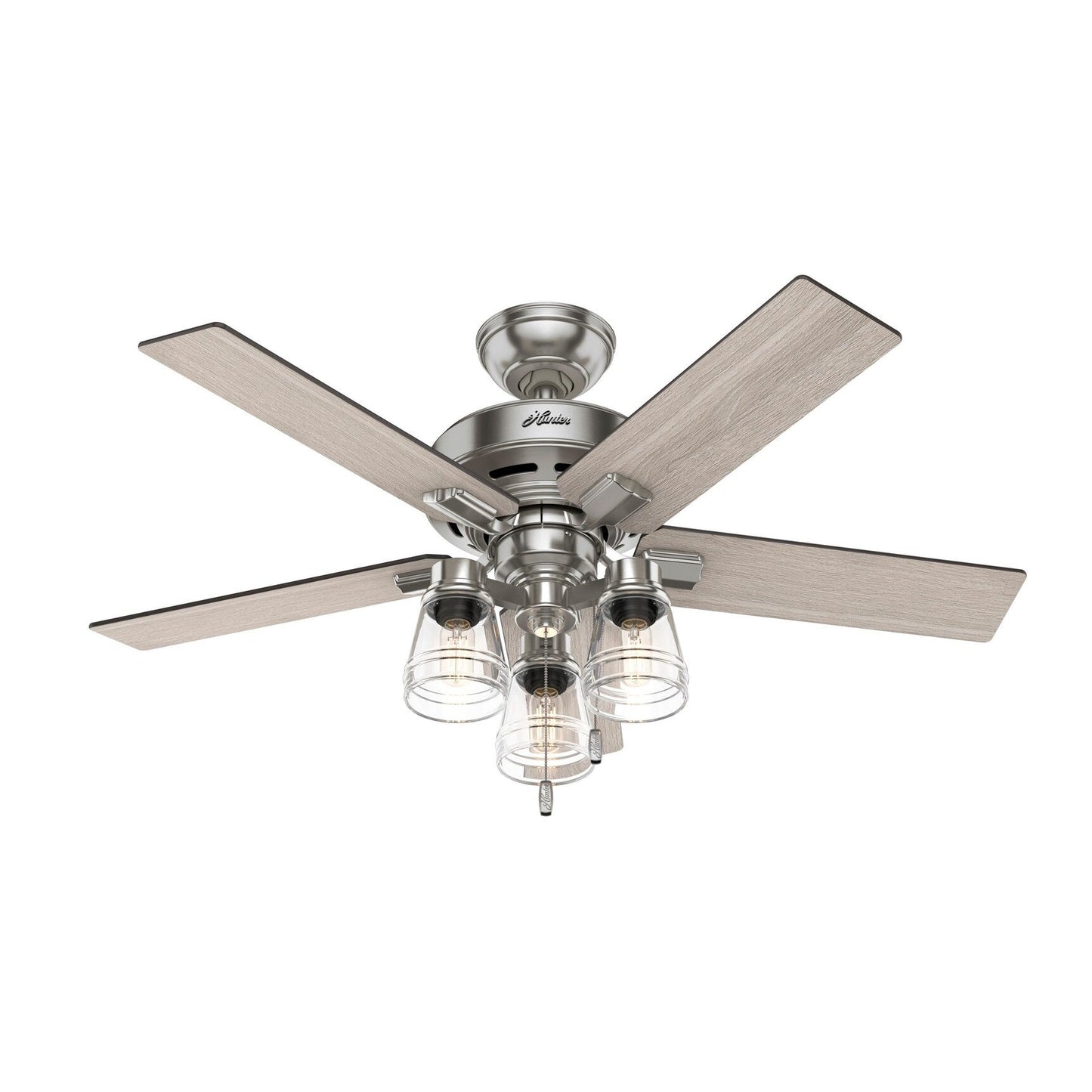 Ventilateur de plafond Hunter 44 Altidore en nickel brossé avec kit d'éclairage LED, cordon d'actionnement - Style rustique, champêtre, transitionnel