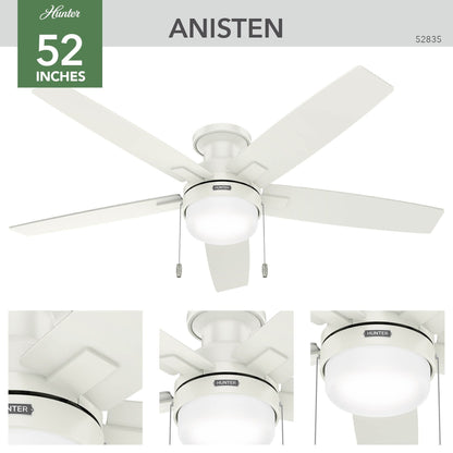 Ventilateur de plafond Hunter 52 Anisten à profil bas avec éclairage LED et cordon d'actionnement - Style moderne, contemporain, transitionnel