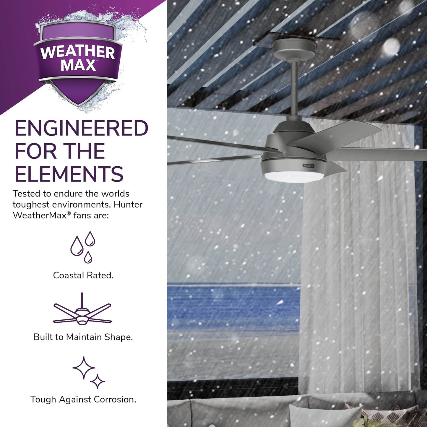 Ventilateur de plafond d'extérieur Hunter 52 Skyflow avec kit d'éclairage LED, commande murale - Style côtier moderne contemporain - WeatherMax - ÉQUIPEMENT POUR L'EXTÉRIEUR !